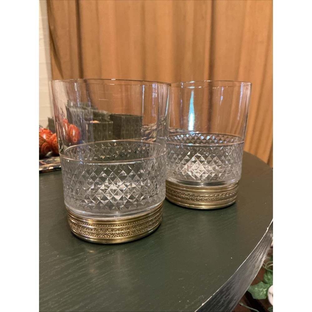 Antique Baccarat Diamant Bizot With Gilt Metal Accent Rocks Glasses (Pair)